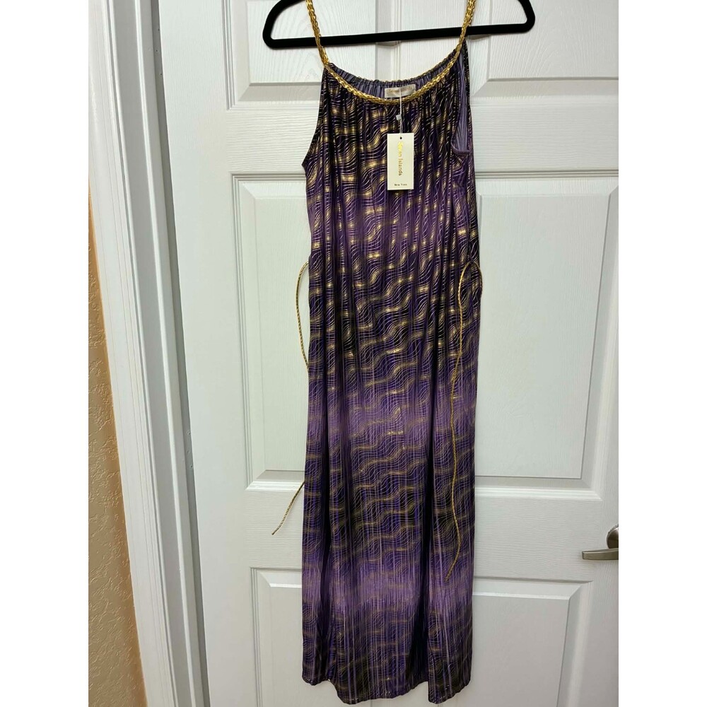 Purple Gold Maxi Dress Small Chain Strap Sleeveless Tie Waist Boho Flowy